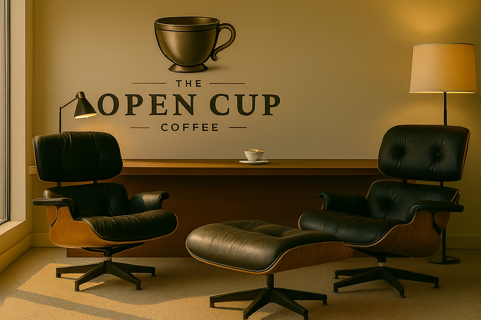 Bright collaborative zone with modular furniture and large windows overlooking the city