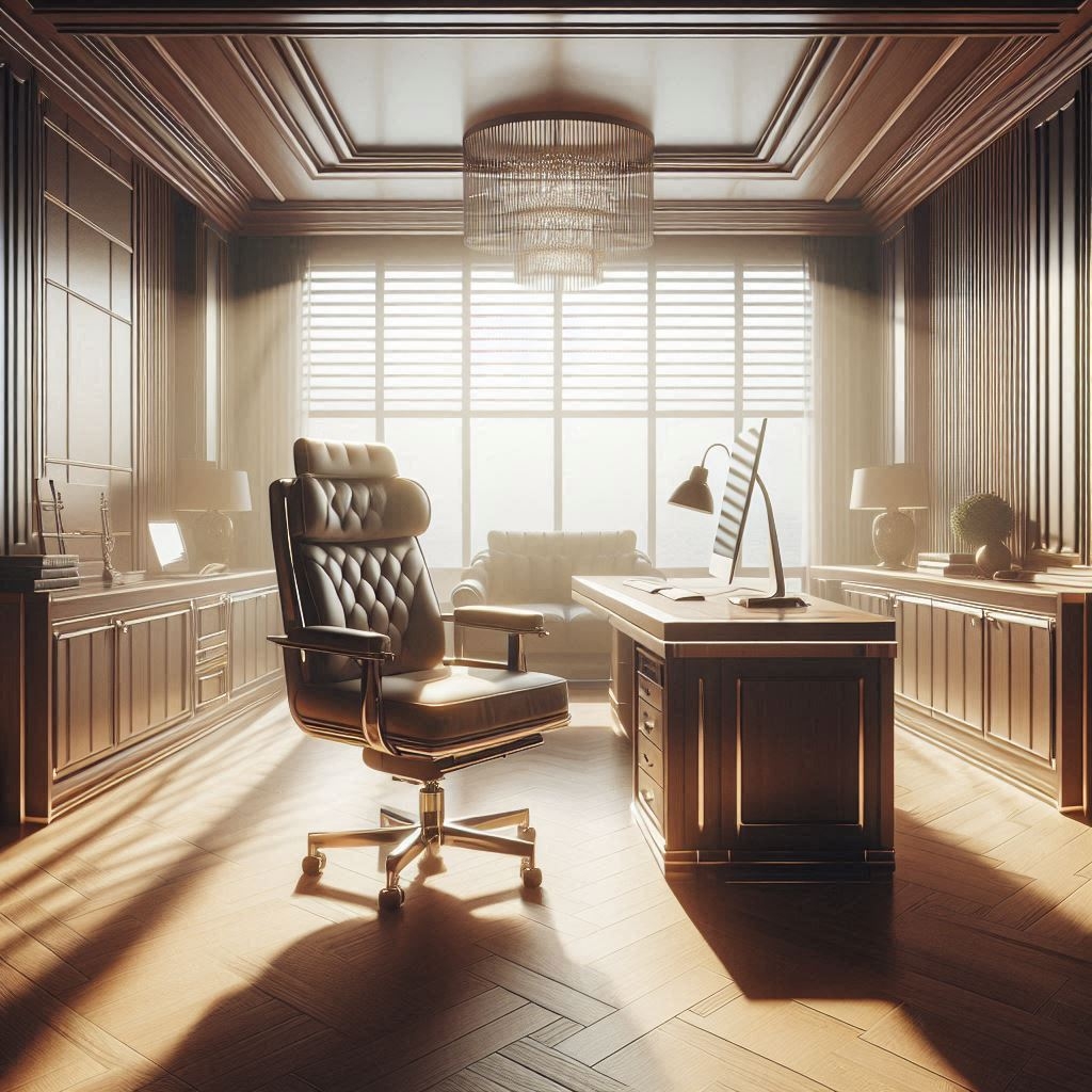 Serene workspace with soft pastel palette and sculptural furniture pieces