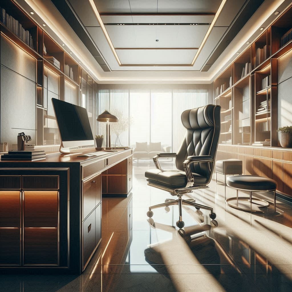 Dynamic open‑plan area with flowing lines, light wood floors and minimalist seating